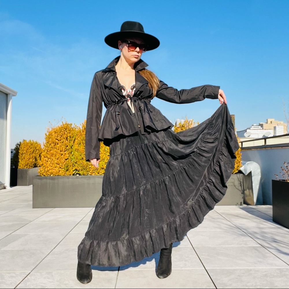 DIALOGUE 100% Silk Layered Tiered Elastic Waistband Maxi Black Full Circle Skirt - Picture 14 of 17